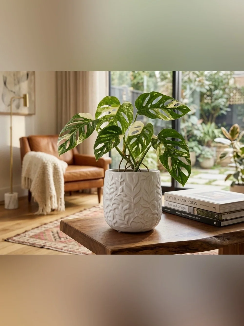 White Leaf Ceramic Planter with Drainage Hole, 5 Inch Textured Flower Pot